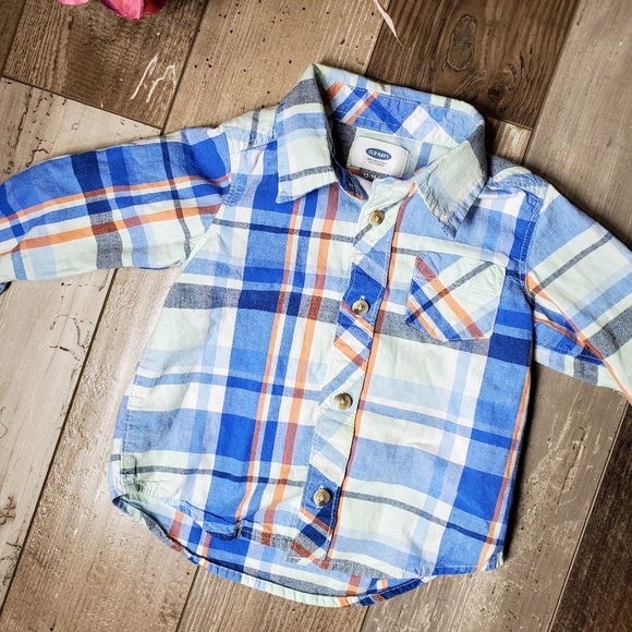 Old Navy Boys 12-18m Plaid Button Down Shirt Blue Orange EUC - Picture 5 of 16